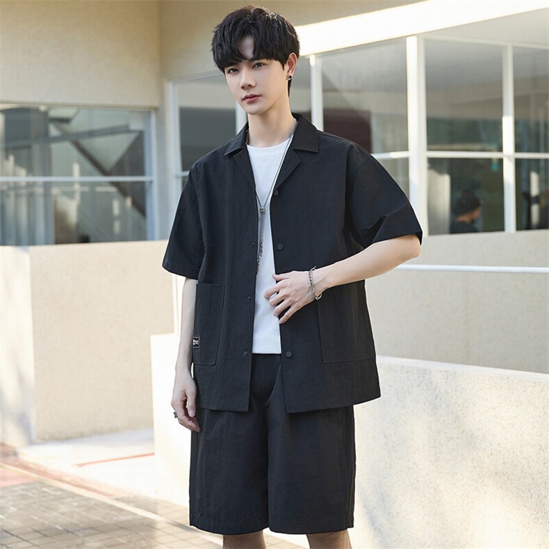 套装男士休闲上衣男装衬衫短袖短裤宽松百搭衬衣薄款Y2503-P60图片