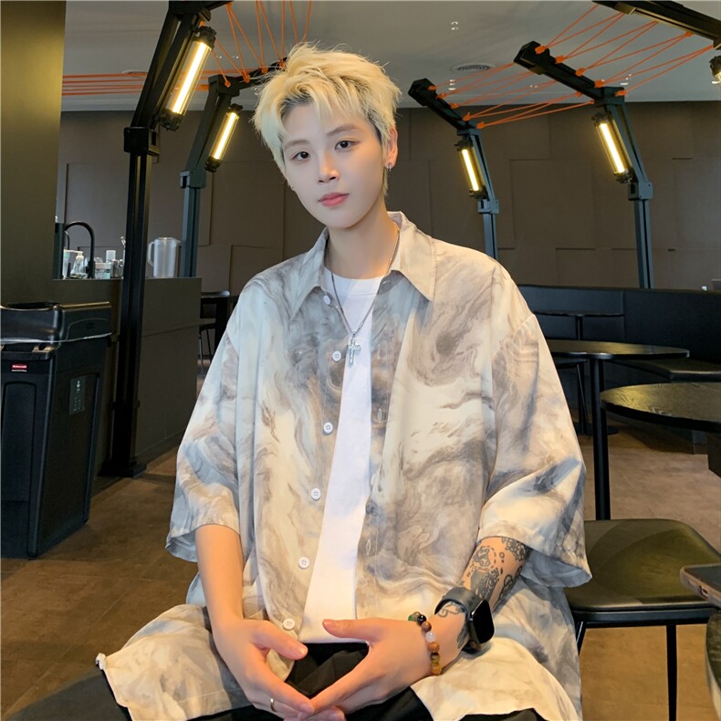 冰丝扎染短袖衬衫男士潮流ins潮牌夏季半袖痞帅休闲工装衬衣外套,男装衬衫,星座1116-2
