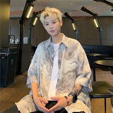 冰丝扎染短袖衬衫男士潮流ins潮牌夏季半袖痞帅休闲工装衬衣外套，男装衬衫，星座1116-2