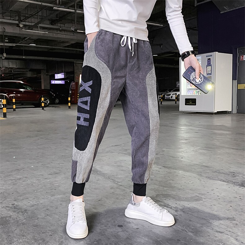 秋冬季新款灯芯绒裤子男社会小伙潮牌个性休闲裤韩版拼色哈伦裤，男装休闲裤，电商A327