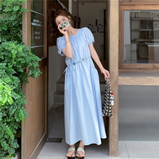 法式泡泡袖温柔风收腰连衣裙女2025夏季新款时尚甜美清纯初恋长裙，女装连衣裙，2C159