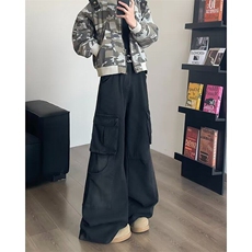 美式黑色工装阔腿牛仔裤男女设计感高腰宽松显瘦直筒拖地裤子，男装牛仔裤，星座601-1