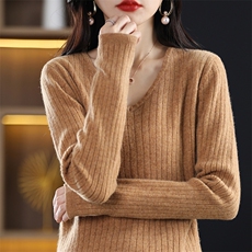 V领坑条羊毛衫女2024春秋新款修身内搭长袖打底针织衫，女装羊毛衫，桦兴羊绒