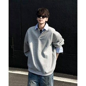 韩版假两件撞色拼接卫衣长袖男装潮流宽松衬衫领套头男女上衣外套图片