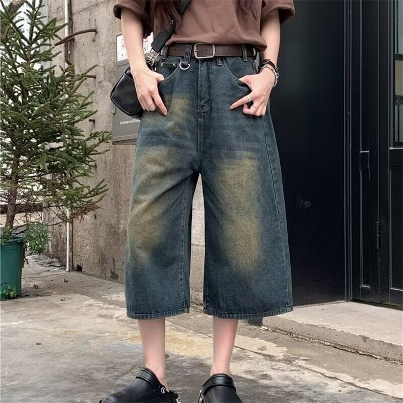 复古做旧大码牛仔裤男夏季宽松直筒阔腿七分裤微胖水洗做旧短裤,男装牛仔裤,星座601-1