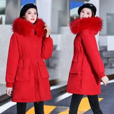 2024棉衣中长款修身加厚通勤拉链连帽纯色气质大毛领时尚结婚潮，女装棉衣/棉服，艾仟回(原伊仟回)