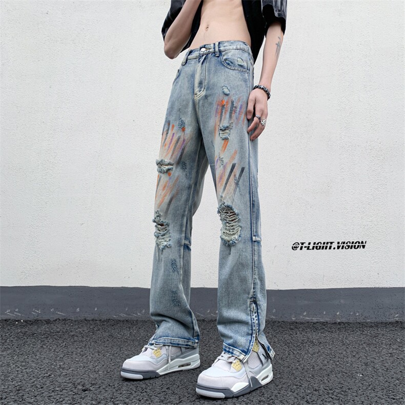 B221 美式ins高街暗黑小众拉链喷墨破洞牛仔裤 LK23085-P65 控88图片