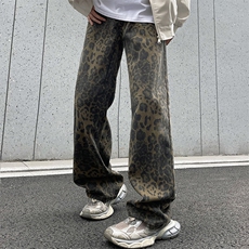 美式街头复古豹纹迷彩帅气直筒宽松阔腿牛仔裤xz405-k2016-p65，男装牛仔裤，星座405