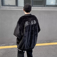 M04-P83秋冬立领防风黑色羊羔绒外套男宽松简约刺绣拉链外套，女装短外套，电商B323A