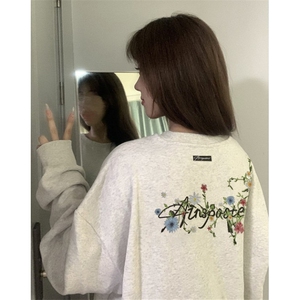 高街灰色花卉刺绣女秋冬季宽松慵懒风情侣圆领华棉卫衣 WYL02图片