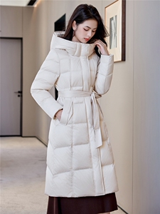 90鸭绒连帽羽绒服女2025冬季新款系带收腰加长款过膝棉袄外套图片