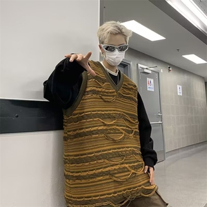 破坏感流苏毛衣男女v领慵懒风设计感情侣马甲针织衫秋冬MZ439-P45图片