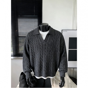 老钱风 纯色翻领麻花毛衣宽松休闲百搭情侣针织衫 M50816 TP55图片