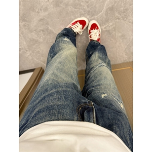 ！美式复古破洞闪电纹水洗牛仔裤图片