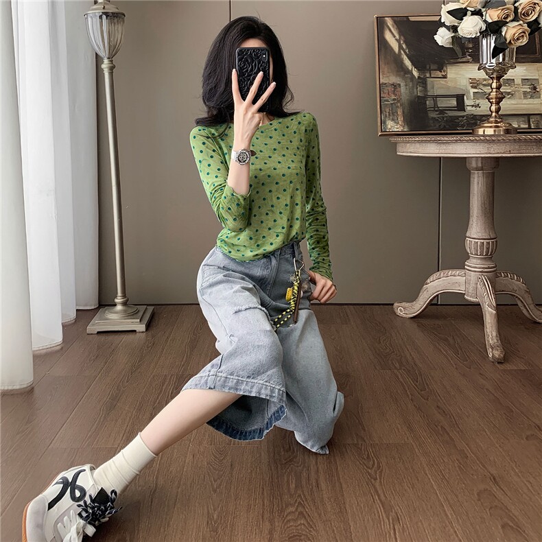 别致设计感时尚套装女夏新款绿色网纱波点上衣破洞牛仔中裤两件套,女装套装/套裙,2C310