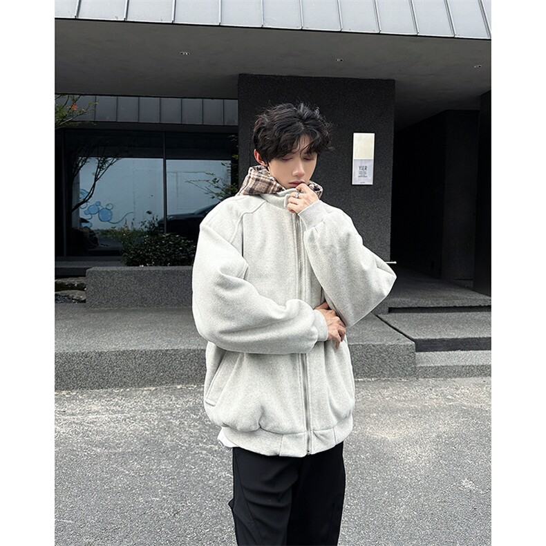 假两件拼接格子连帽夹克棉服冬季潮流毛呢外套,男装夹克,星座410-6（原星座1304-1）