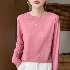 春秋新款精纺羊毛衫针织上衣女士圆领纯色长袖毛衣宽松百搭打底衫，女装衬衫，朝贺羊绒