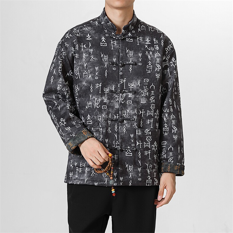 秋冬新品风鹿皮绒甲骨文印花加厚夹克立领盘扣古风唐装JK106，男装夹克，星座305A（原312A-1）