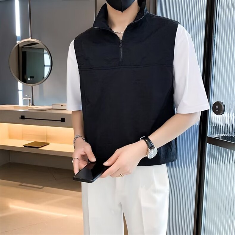 拉链立领拼接袖撞色polo衫男夏季薄款高级痞帅感翻领t恤短袖T560,男装T恤,星座1116A-2（原606A-1）