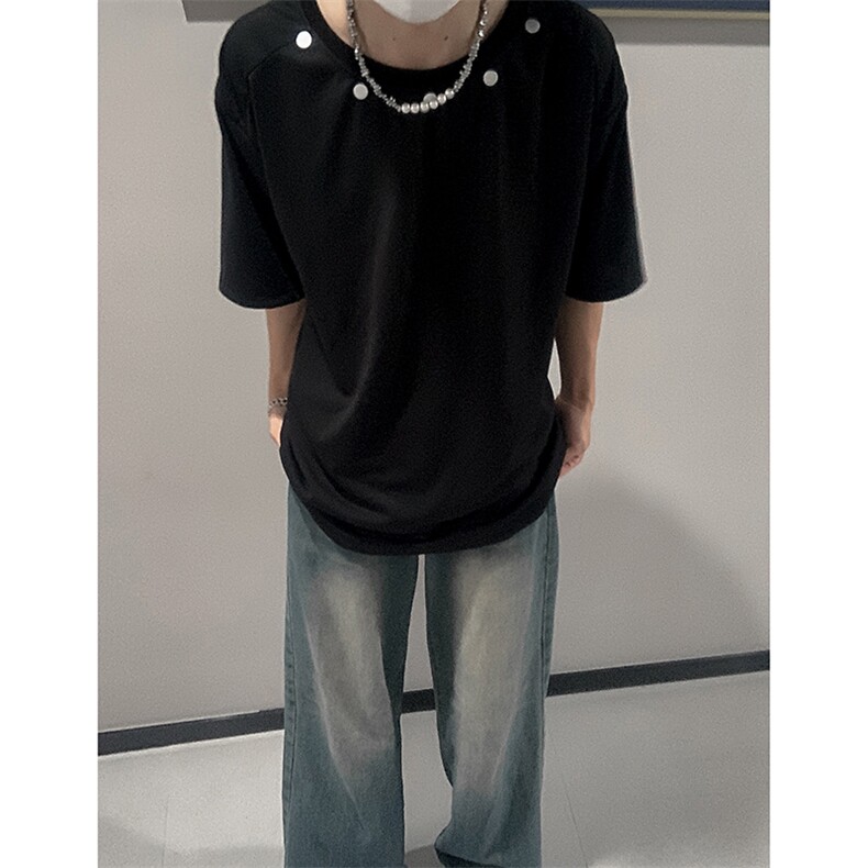 夏季卡其金属扣宽松短袖设计感高街百搭半袖上衣T8510-特P26 控48图片