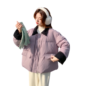 超好看紫色短款羽绒服女冬2024新款设计感拼接撞色加厚白鸭绒外套图片