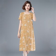 2021年夏季中长款通勤A字裙旗袍妈妈装连衣裙印花圆领套头裙子，女装连衣裙，伊满意