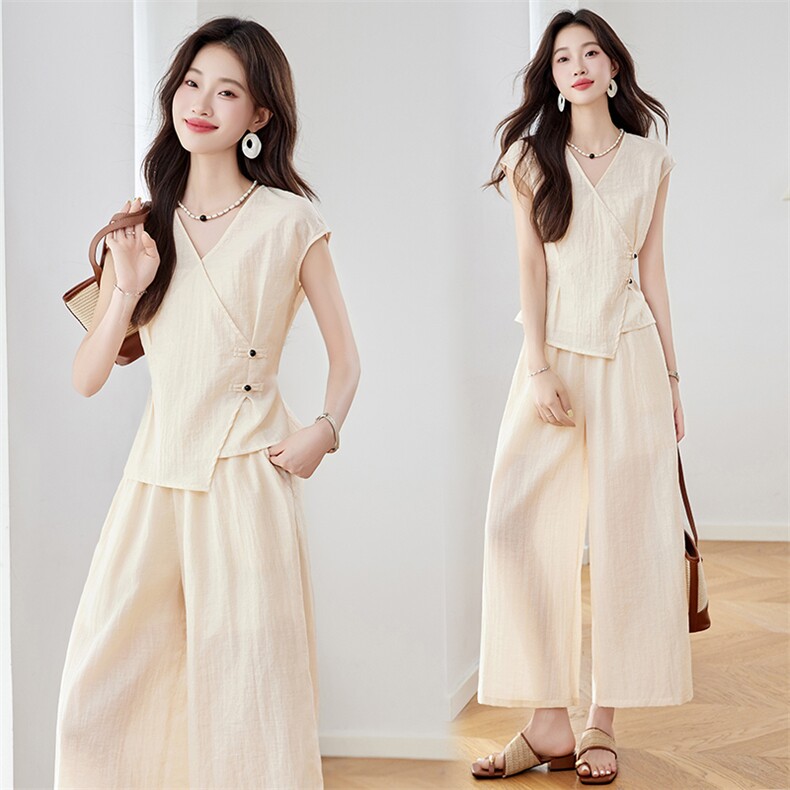新中式套装女夏季新款复古盘扣文艺上衣阔腿裤两件套，女装套装/套裙，姿衣坊