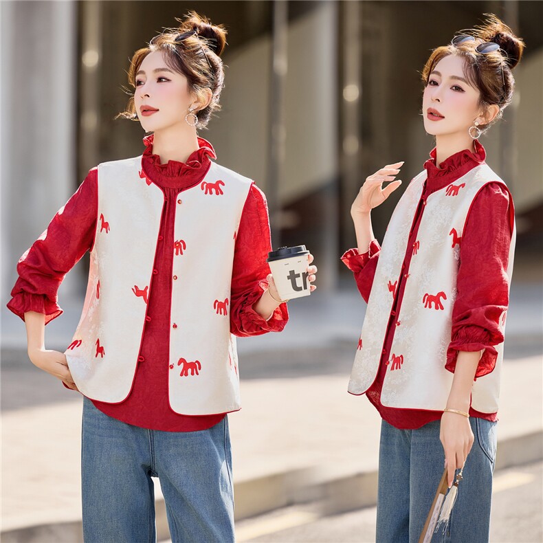 6302常规马图提花印花圆领撞色马甲春装外套，女装马甲，微微衣阁