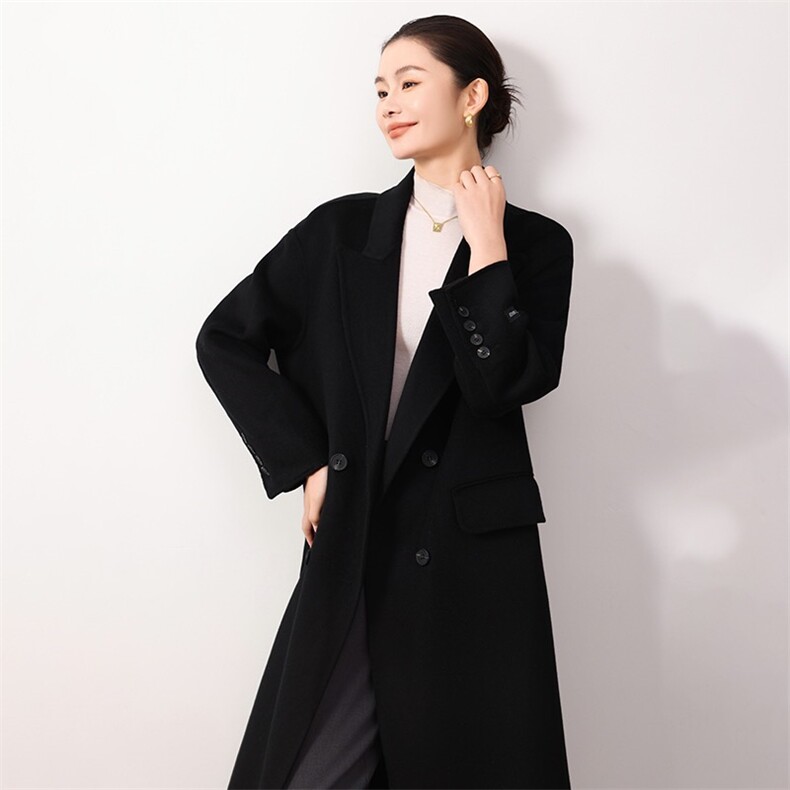 2024新款双面呢羊毛过膝修身气质长款西装领羊毛大衣女西装外套,女装双面呢大衣,爱绒人羊绒大衣工厂店