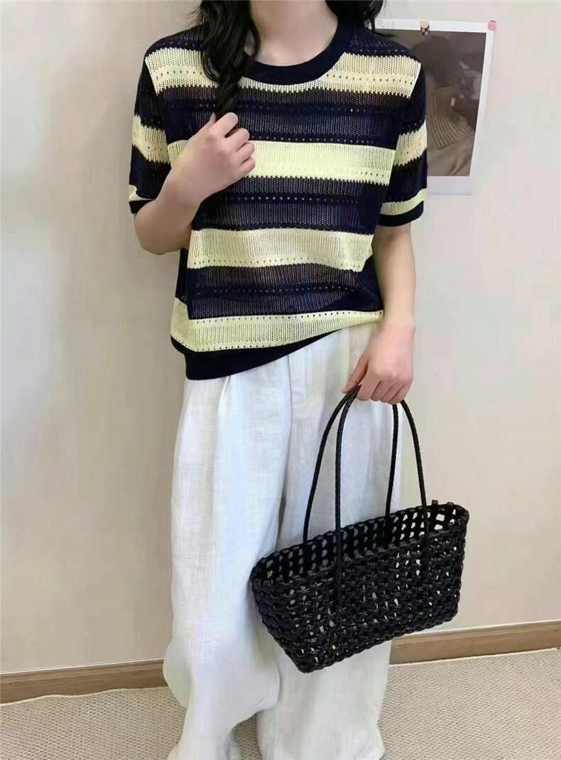 天丝亚麻拼色条纹圆领T恤,针织衫/毛衣,天佑贝依