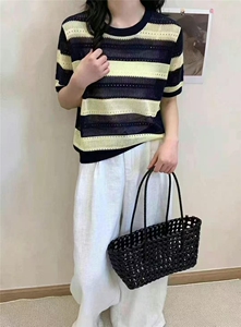 天丝亚麻拼色条纹圆领T恤图片