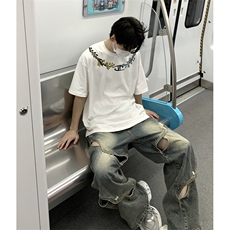 万针全刺绣解构设计260克重磅双纱纯棉高品质美式高街短袖T恤特33，男装T恤，电商A486