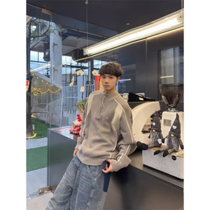 半拉链毛衣男秋冬小众设计感拼接潮牌美式复古上衣高级感痞帅外套图片