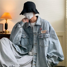 春秋新款日系复古徽章牛仔外套男潮牌美式街头青年休闲夹克上衣，男装夹克，星座601-2