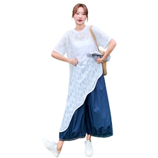 夏季阔腿裤蕾丝短袖衫时尚两件套女，女装套装/套裙，浙宝069