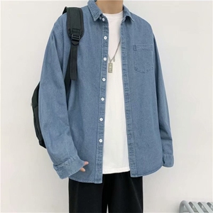 美式复古牛仔衬衫男ins港风潮牌宽松高街纯色休闲外套CS225-P45图片
