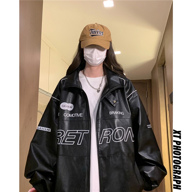 中性风秋装新款 潮街头机车服元素印花宽松外套潮ins D241-P108图片