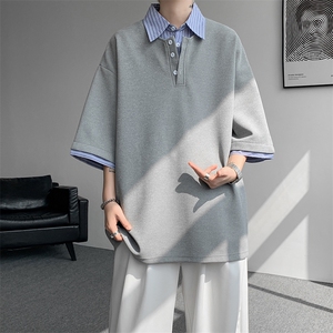 8XL-M假两件衬衫领短袖T恤大码夏季条纹拼接polo衫半袖DX1211/P45