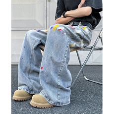 美式涂鸦牛仔裤男春夏高街潮牌设计感微喇长裤宽松百搭裤N832-P46，男装牛仔裤，星座308B-1