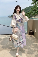 印花套装女夏季2026新款法式娃娃领衬衫蕾丝刺绣领口吊带裙两，女装连衣裙，艾米莉亚