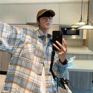 wassup happy毛呢衬衫男春秋季潮牌宽松长袖衬衣服青少年休闲外套图片