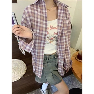 Chic韩系慵懒印花透气薄外套女2025新款时尚紫色格子长袖衬衫图片