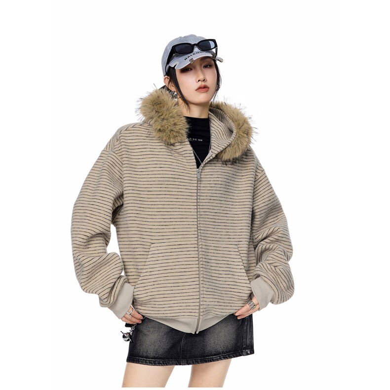 网图 美式复古条纹毛领连帽卫衣外套女秋季休闲宽松开衫上衣特P79图片