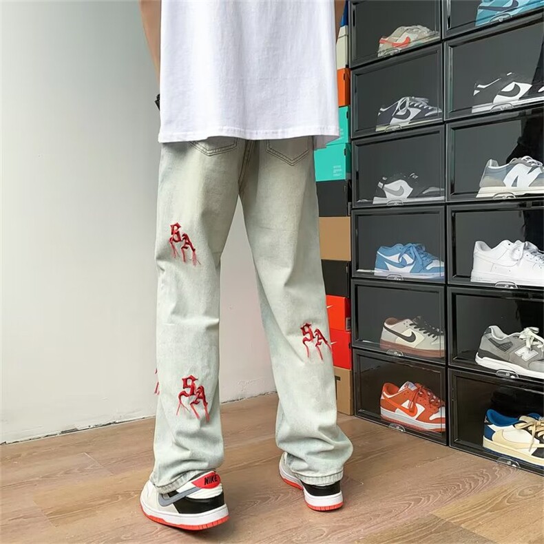 裤子男高街ins潮牌vibe美式牛仔裤女宽松直筒刺绣街头风N9305-P40,男装牛仔裤,星座1008