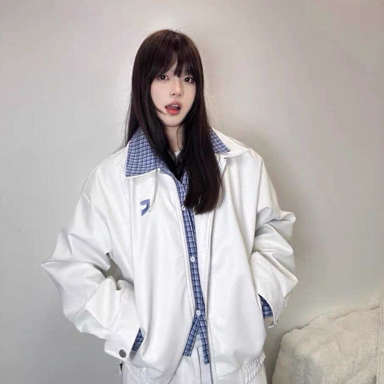 美式复古假两件格子拼接皮衣夹克男女2025春秋冬新款宽松休闲外套,男装皮衣,四季星座505