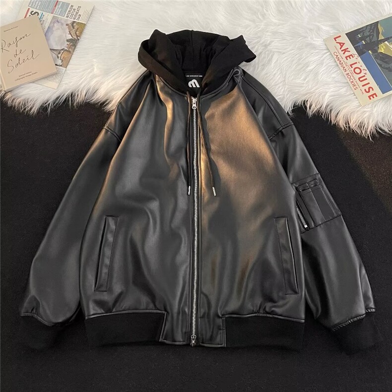 连帽皮衣男春季高级感痞帅美式高街宽松工装机车服外套W9221P75,男装夹克,星座1116-2