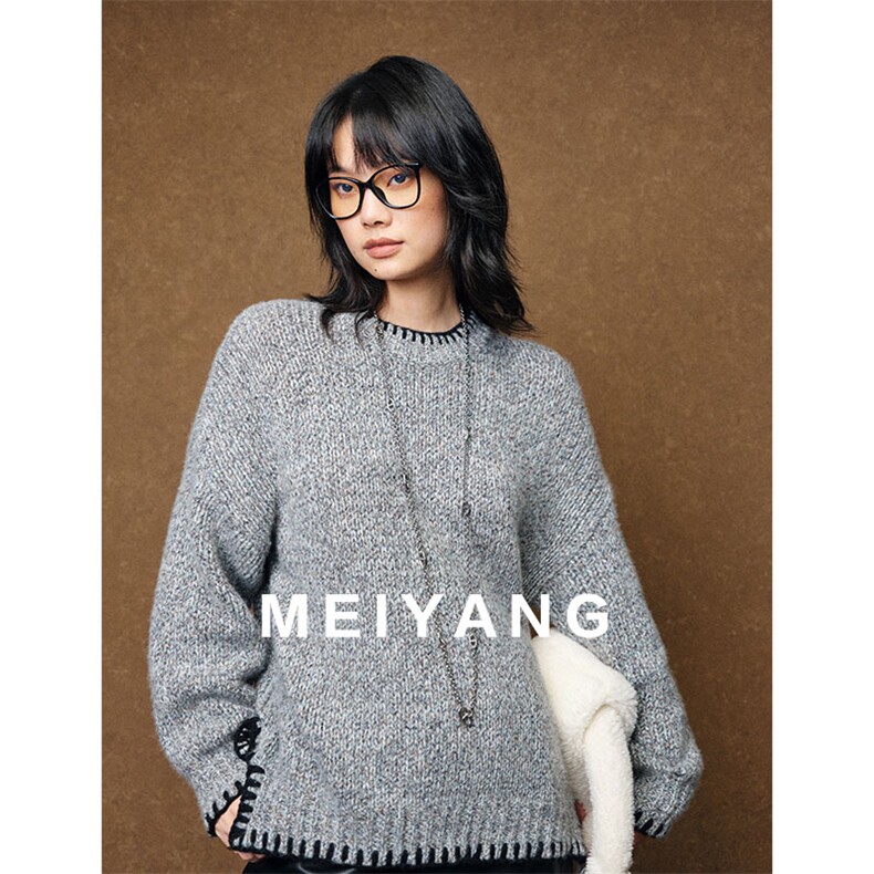 女士秋冬保暖羊毛手缝边宽松毛衣，女装羊毛衫，悦玛羊绒