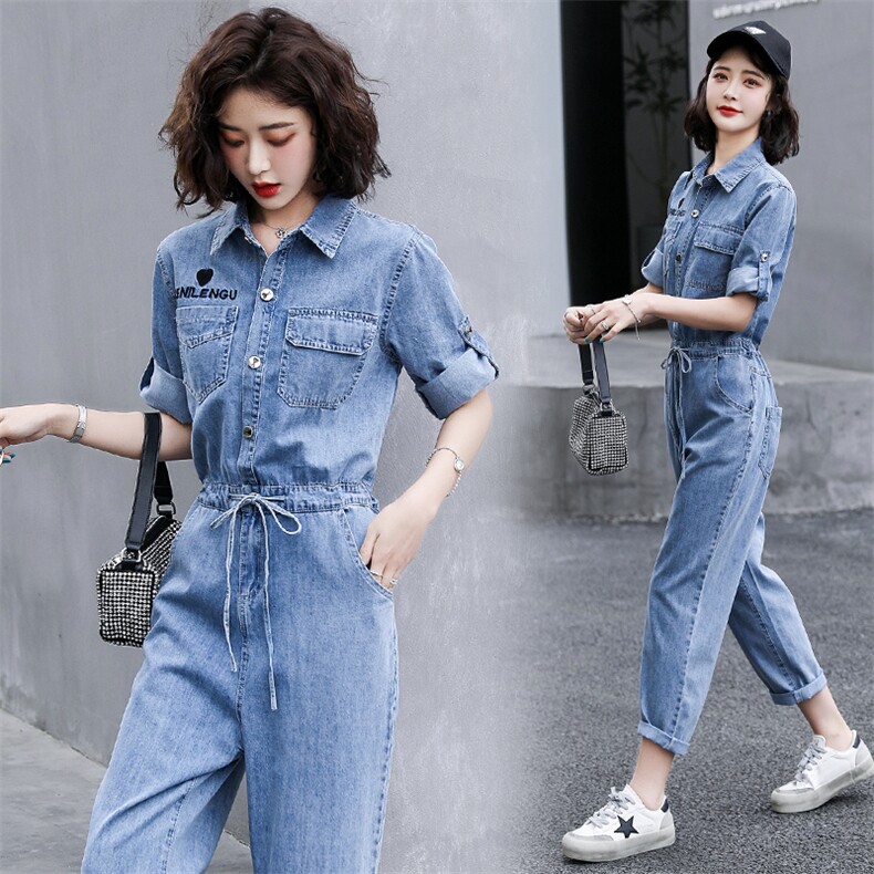 休闲牛仔连体裤女2024春夏新款高腰时尚显瘦百搭工装小个子连衣裤图片