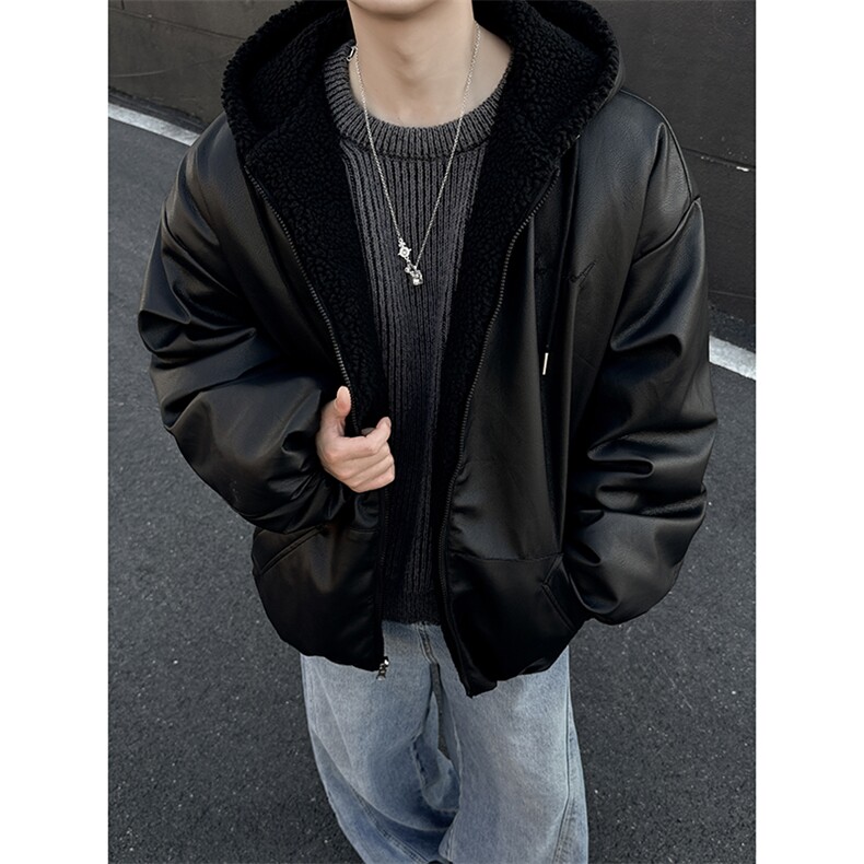 百搭宽松PU皮羊羔毛加厚两面穿短款夹克棉衣L02特P128k168，男装夹克，星座307A