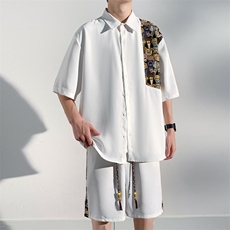 1小熊短袖衬衫男+短裤大码M-5XL套装92%聚酯纤维8%氨纶TZ77059P70，男装牛仔裤，星座226-2
